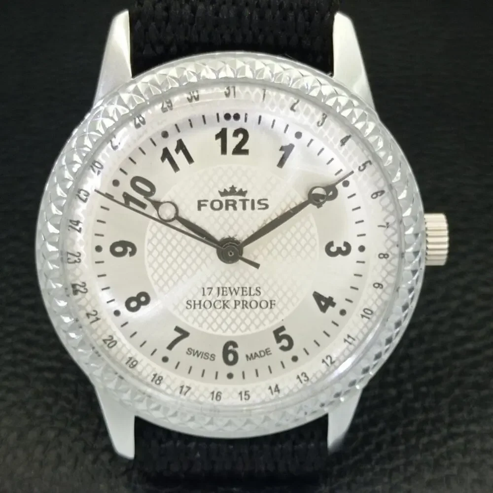 Vintage 1987 Fortis Manual Mens Silver Watch W/Nato Strap & Black accents